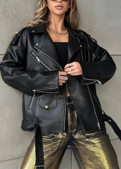 Oversized Faux Leather Biker Jacket Black