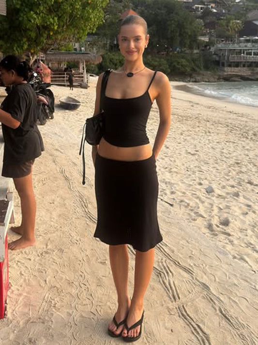 Casual Solid Color Tank Top And Skirt Set