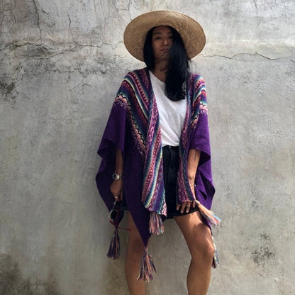 Striped Sweater Shawl Sleeveless Knit Cape Over Women'S Thick Blanket Coat