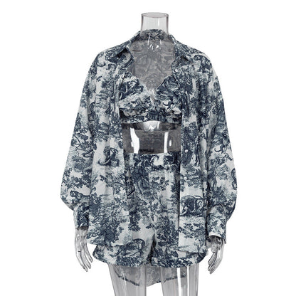 Vintage Ink Blossom Shirt and Shorts Set for Women