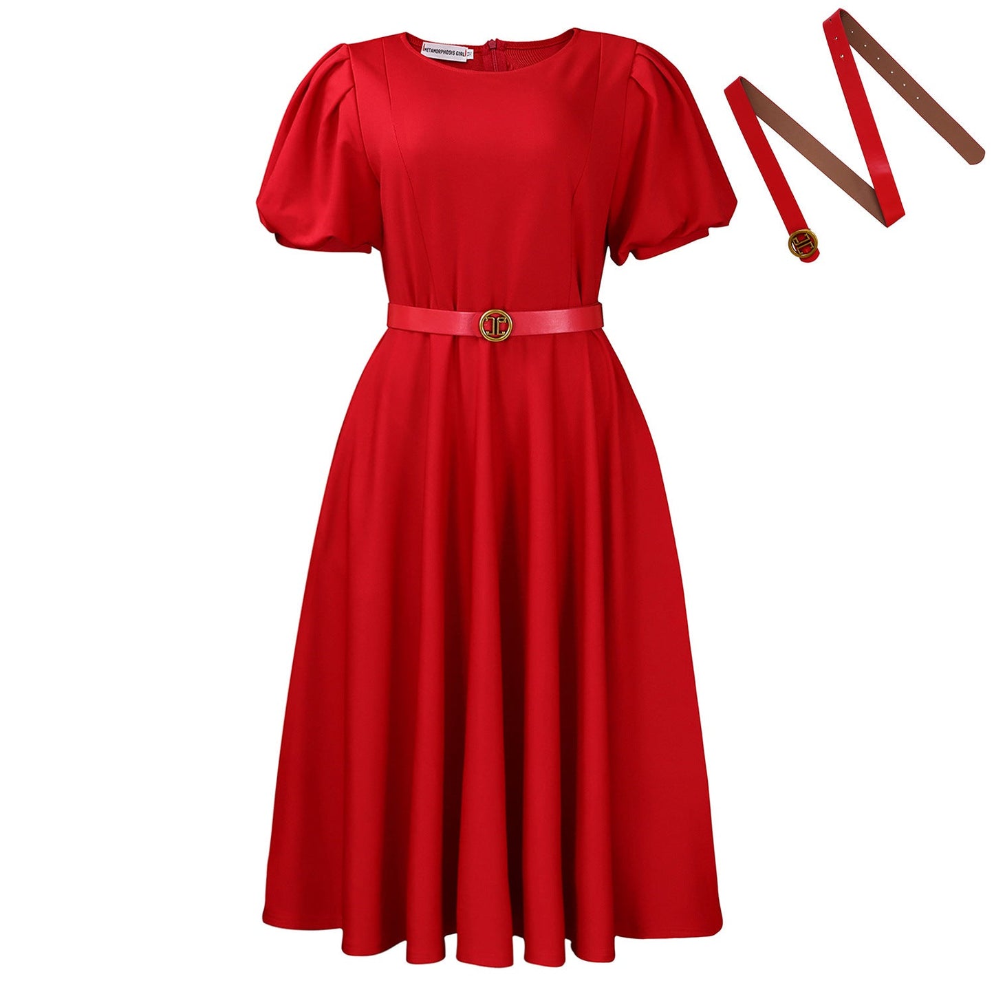Elegant High-Waist A-Line Dress With Puff Sleeves