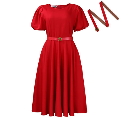 Elegant High-Waist A-Line Dress With Puff Sleeves