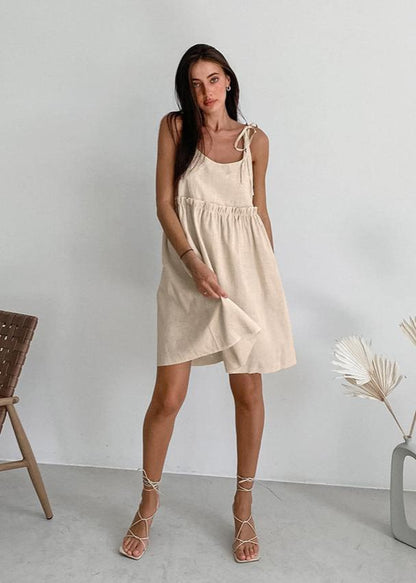 Adjustable Strap Linen Dress With Gathered Waist