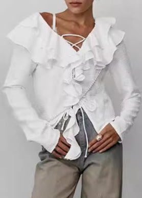 Ruffled Lace Up Blouse In White Cotton