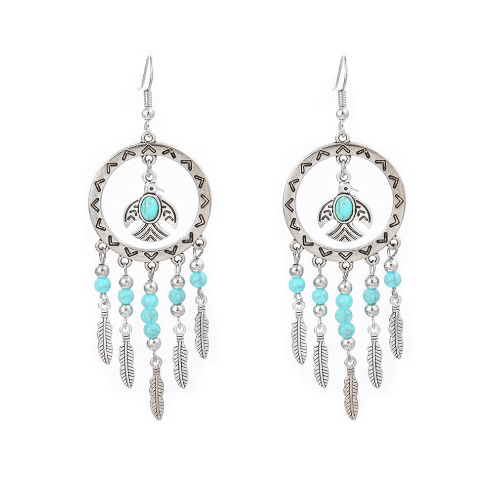 Simple Tribal Flower Teardrop Circle Turquoise Earring Set