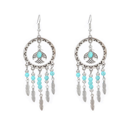 Simple Tribal Flower Teardrop Circle Turquoise Earring Set