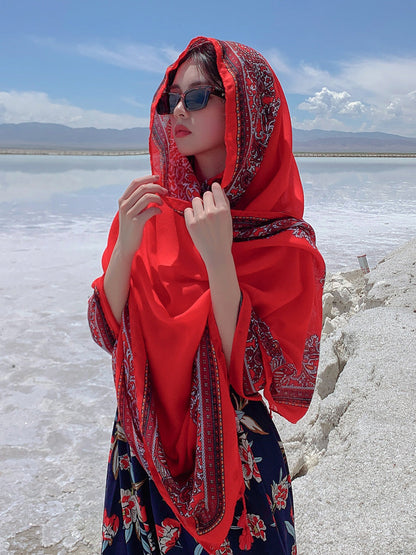 Red Ethnic Style Sunscreen Shawl Women'S Summer Thin Style Wrapped With Silk Scarves, Beach Scarves
