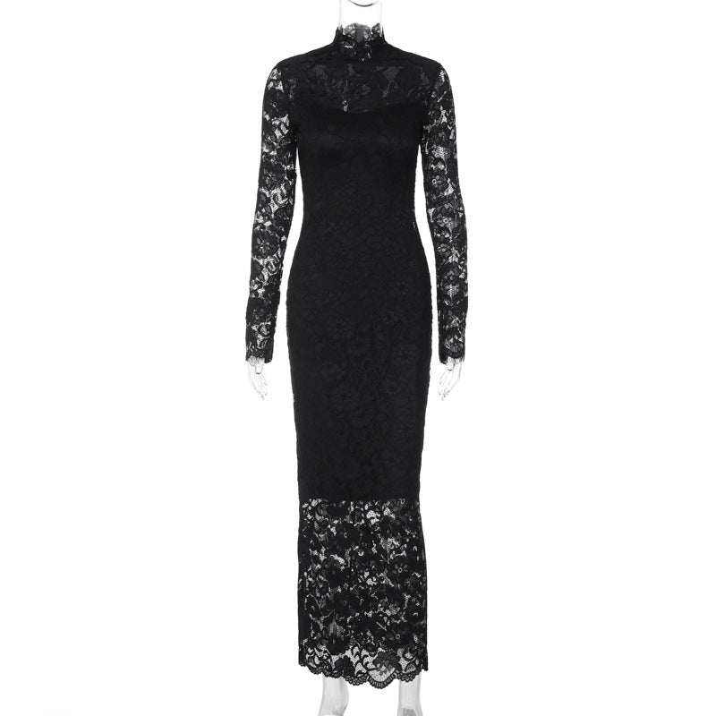 Elegant Black Lace Panel Bodycon Long Sleeve Dress