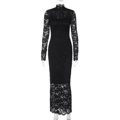 Elegant Black Lace Panel Bodycon Long Sleeve Dress