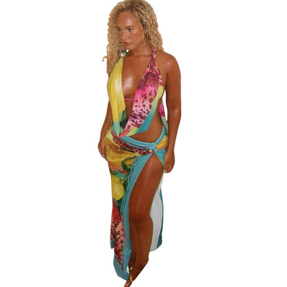 Trendy Sexy Backless Halter Top & Split Maxi Skirt Set