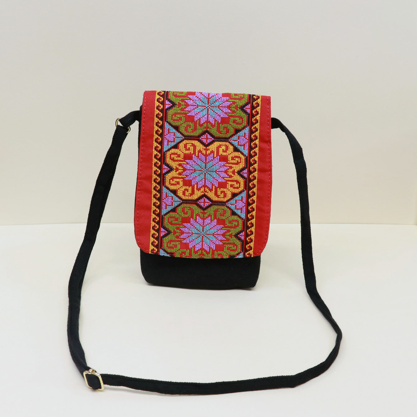 New Ethnic Embroidery Canvas Embroidered Double-Layer Mobile Phone Bag Change One-Shoulder Messenger Bag