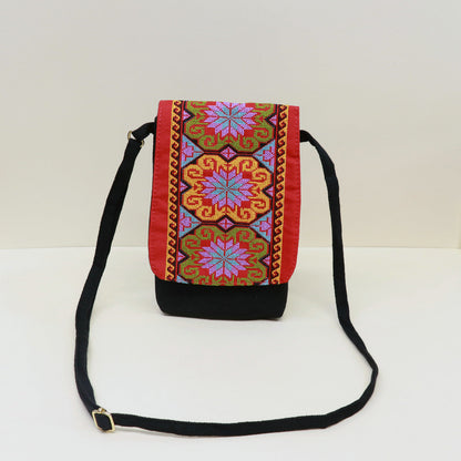 New Ethnic Embroidery Canvas Embroidered Double-Layer Mobile Phone Bag Change One-Shoulder Messenger Bag