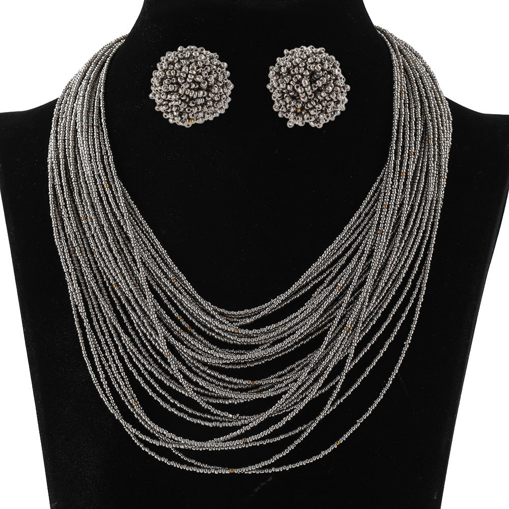 Bohemian Layered Bead Necklace and Earring Set Vintage Style Women's Jewelry