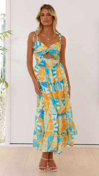 Print Hollow Out String Spaghetti Dress