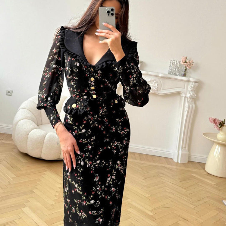 Elegant Floral Print Long Sleeve A-Line Dress