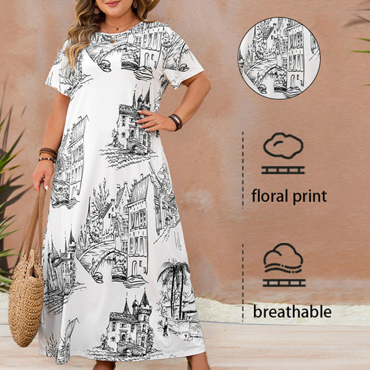 Chic Floral Maxi Dress Plus Size Short Sleeve Dress