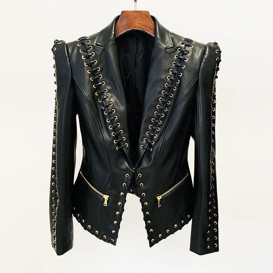 Faux Leather Jacket with Ropes and Slim Fit