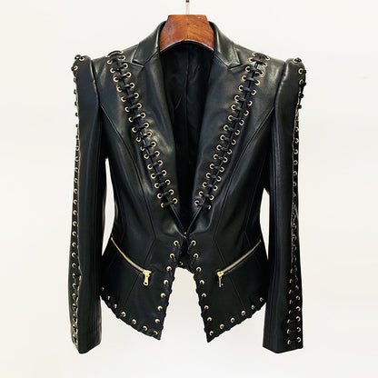 Stylish Black Pu Leather Blazer With Tie Waist
