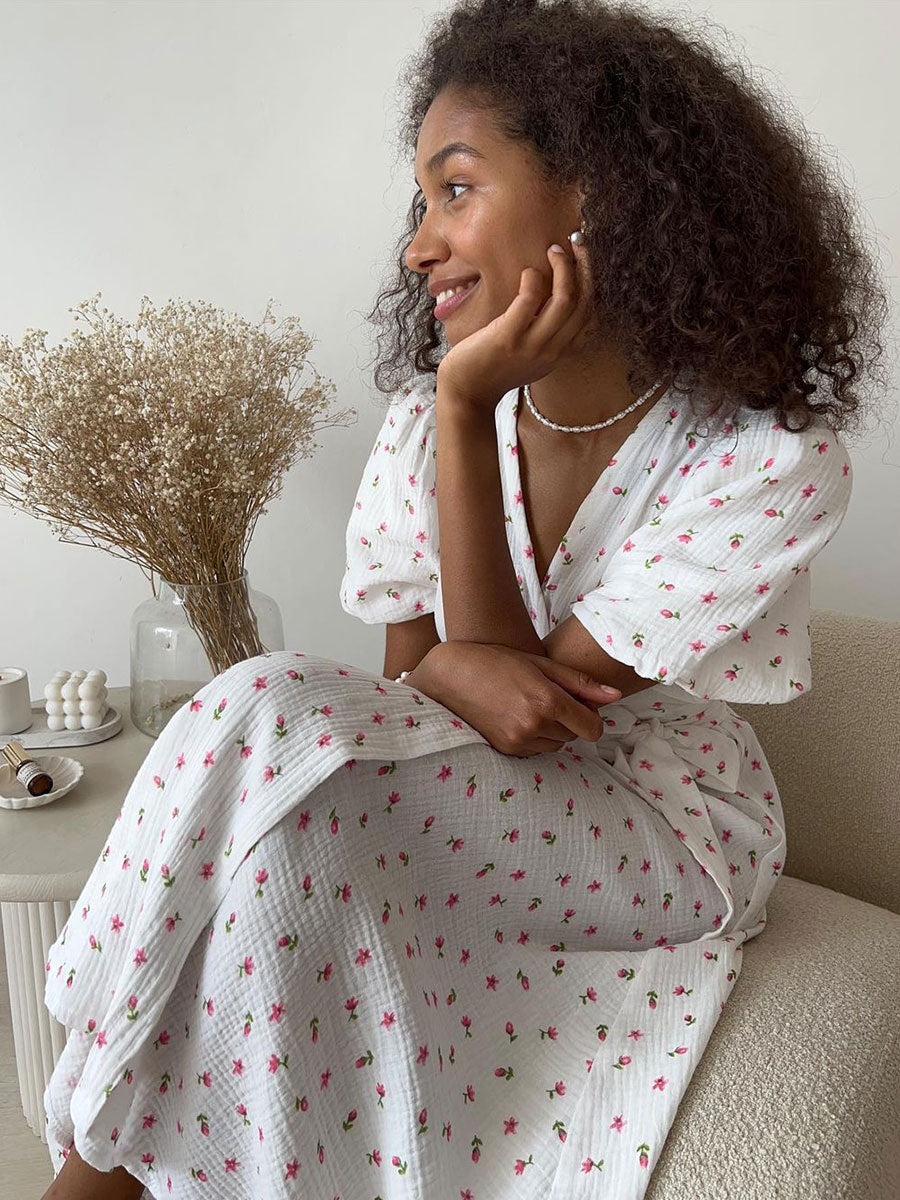 Cotton Floral Print A-Line Dress With V Neckline And Puff Sleeves