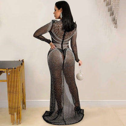 Hot Drill Women'S Mesh See-Through Long-Sleeved Slit Dress Women