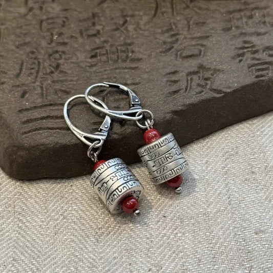 Talisman Bucket Beads 925 Silver Earrings New Tibetan Retro Old Elegant Ethnic Style Festive And Safe Versatile Earrings