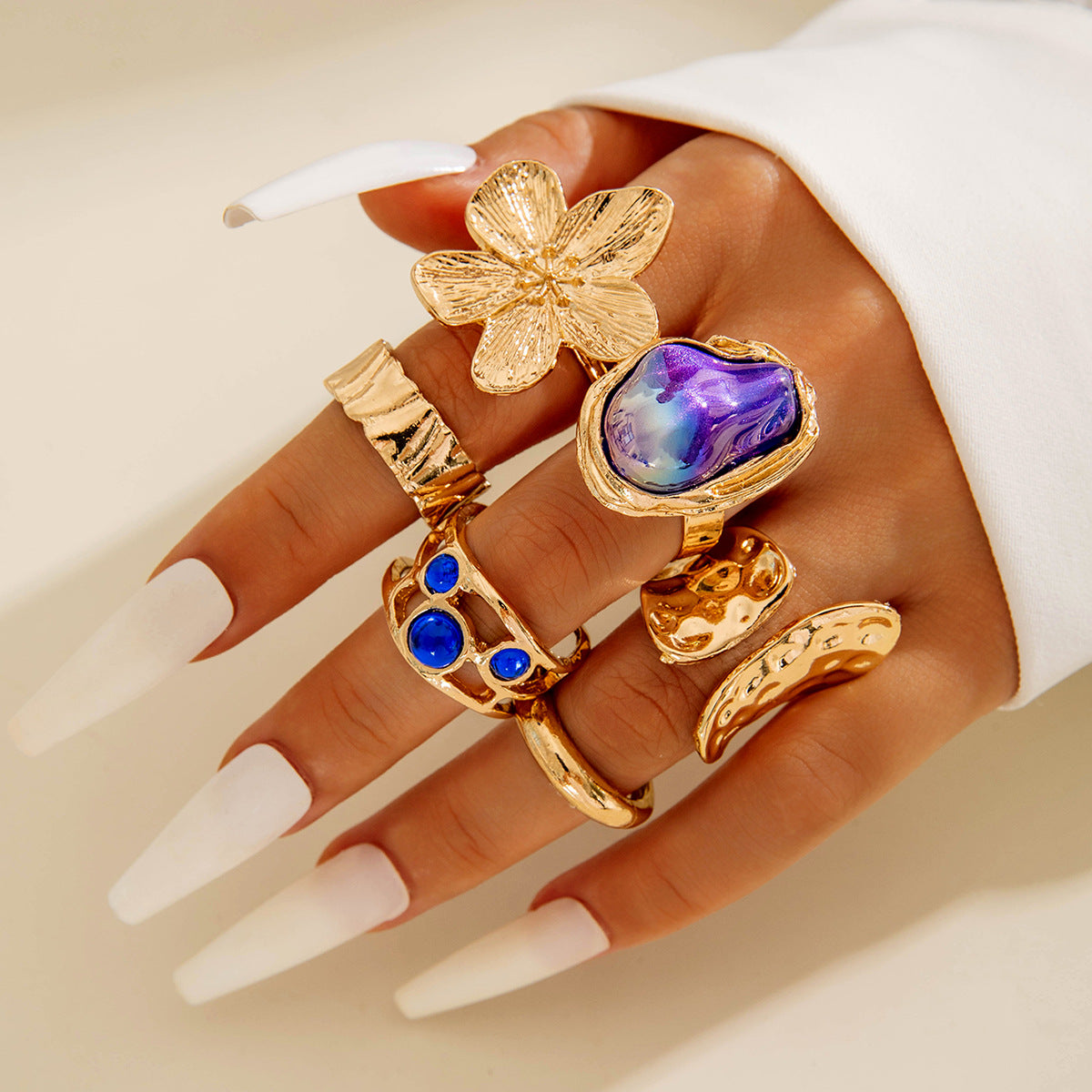 Flower-Decorated Pearl Ring Set Retro Baroque Geometric Rings