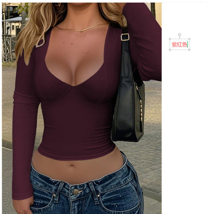 V-Neck Long Sleeve Women's Top Casual Stretchy Tank