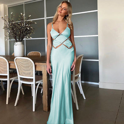Slim Fit Solid Color Backless Cami Maxi Dress