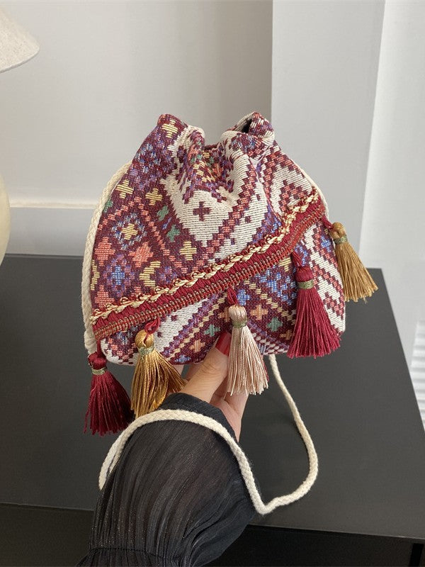 Trendy Bohemian Bucket Bag with Fringe - Canvas Shoulder Bag
