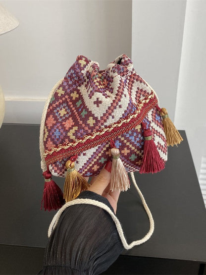 Trendy Bohemian Bucket Bag with Fringe - Canvas Shoulder Bag