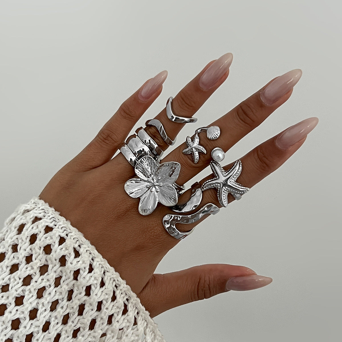 Shell And Flower Ring Set Elegant Metal Fashion Jewelry