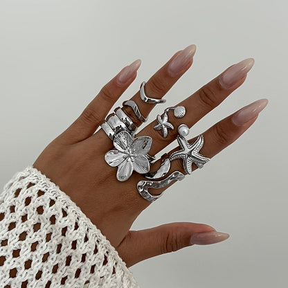 Shell And Flower Ring Set Elegant Metal Fashion Jewelry