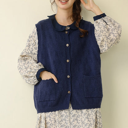 Solid Color Crochet Knit Vest Sweater Casual Layering Cardigan