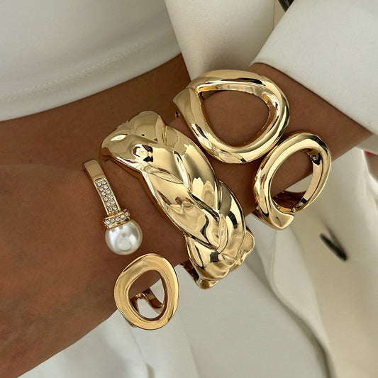 Hip-Hop Irregular Alloy Bracelet Set with Rhinestones and Pearls