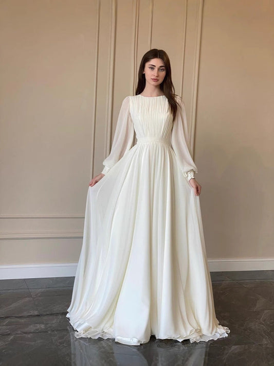 Elegant Long Sleeve A-Line Dress In White