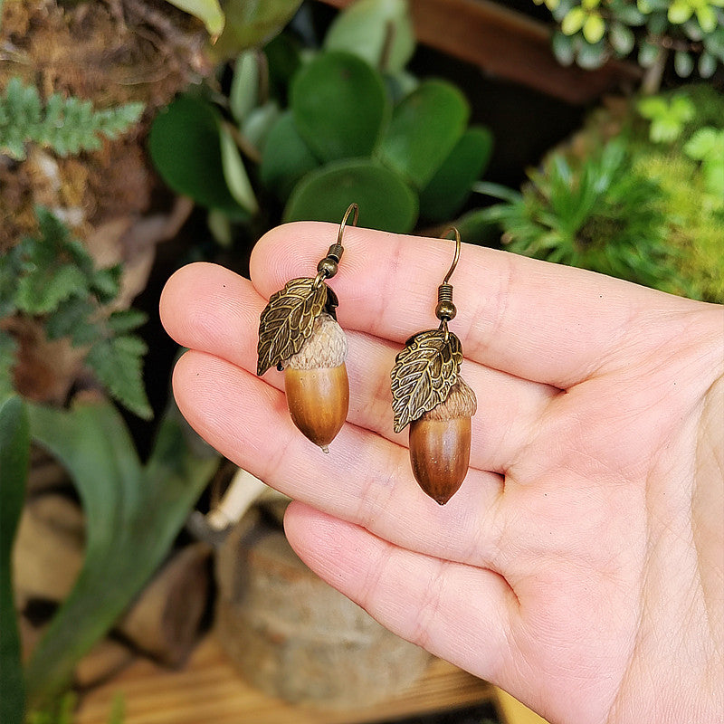 Creative Long Leaf Wood Earrings with Natural Dried Fruits