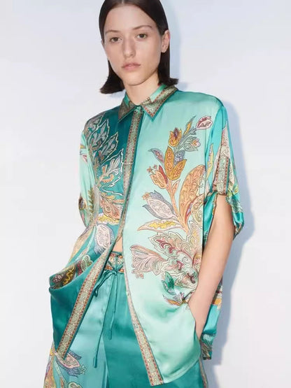 Retro Floral Print Satin Short Sleeve Shirt and Pants Set