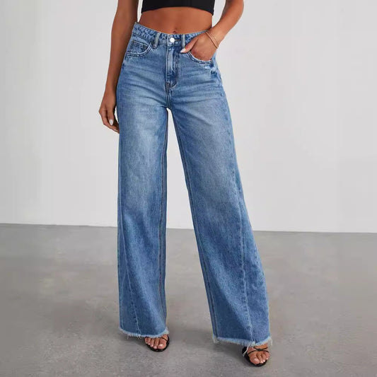 Wide-Legged Distressed Denim Pants with Side Paneling for Women