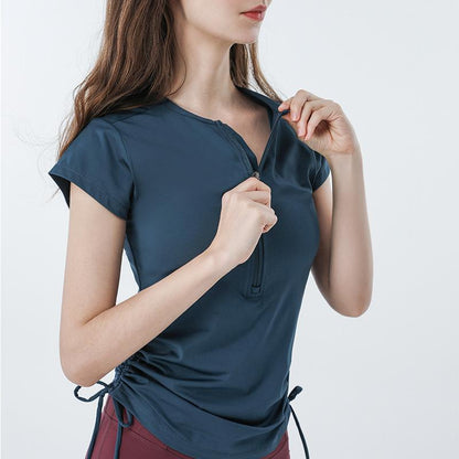 Zip-String Short-Sleeved T-Shirt Yoga Top Trim Running Sports Fitness Yoga Suit