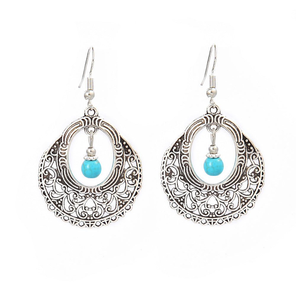 Simple Tribal Flower Teardrop Circle Turquoise Earring Set
