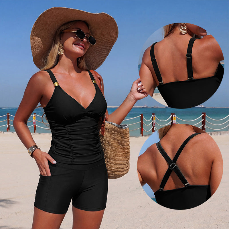 Women'S Tankini Swimsuit With Pockets Casual Color Block High Elasticity