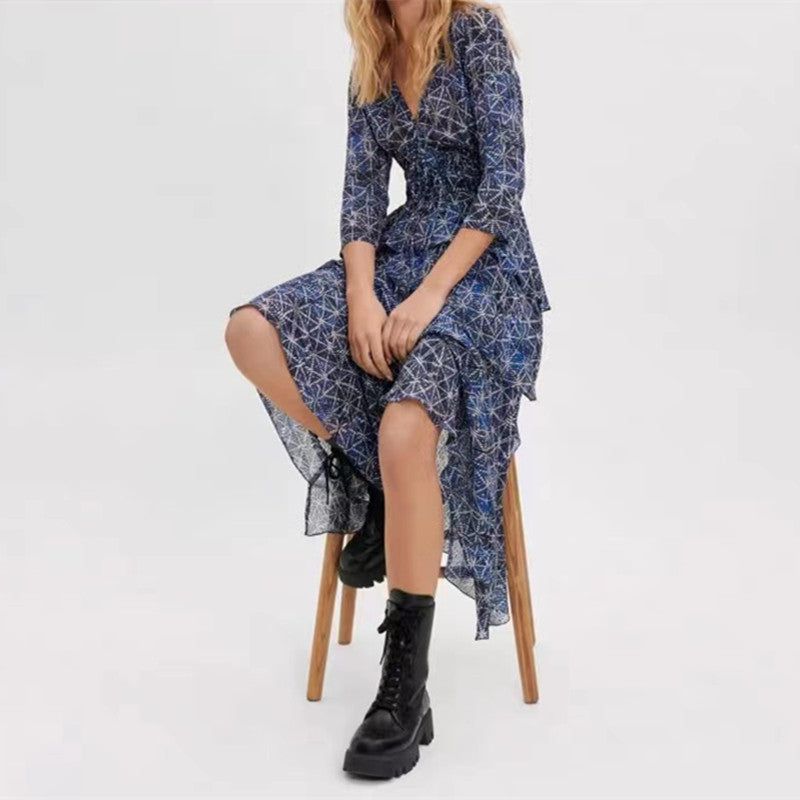 French Print Cake Skirt Temperament Flowing Halter Layered Dress