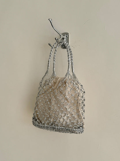 Handwoven Solid Color Tote Bag With Gold & Silver Lurex