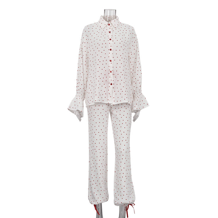 Heart Printed Cotton 3-Piece Set Casual Cardigan with Pants