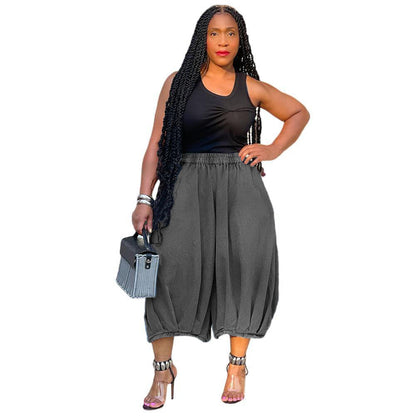 Casual Wide-Leg Denim Cropped Pants With Elastic Waist