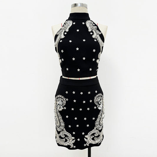 Fashionable Beaded Cami Top And Mini Skirt Set