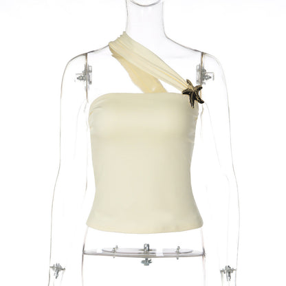 Trendy Women's One-Shoulder Top With Golden Button Detail