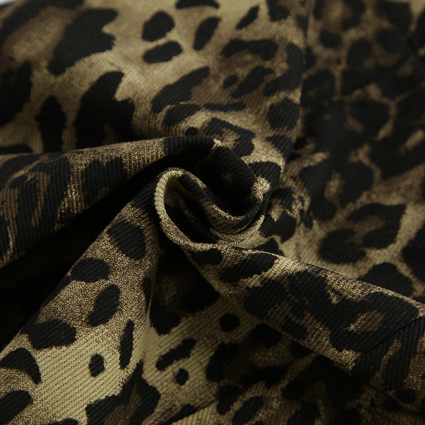 Retro Leopard Print Slim Denim Shorts