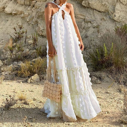 Fashionable Solid Color Maxi Dress with 3D Flower Embellishments