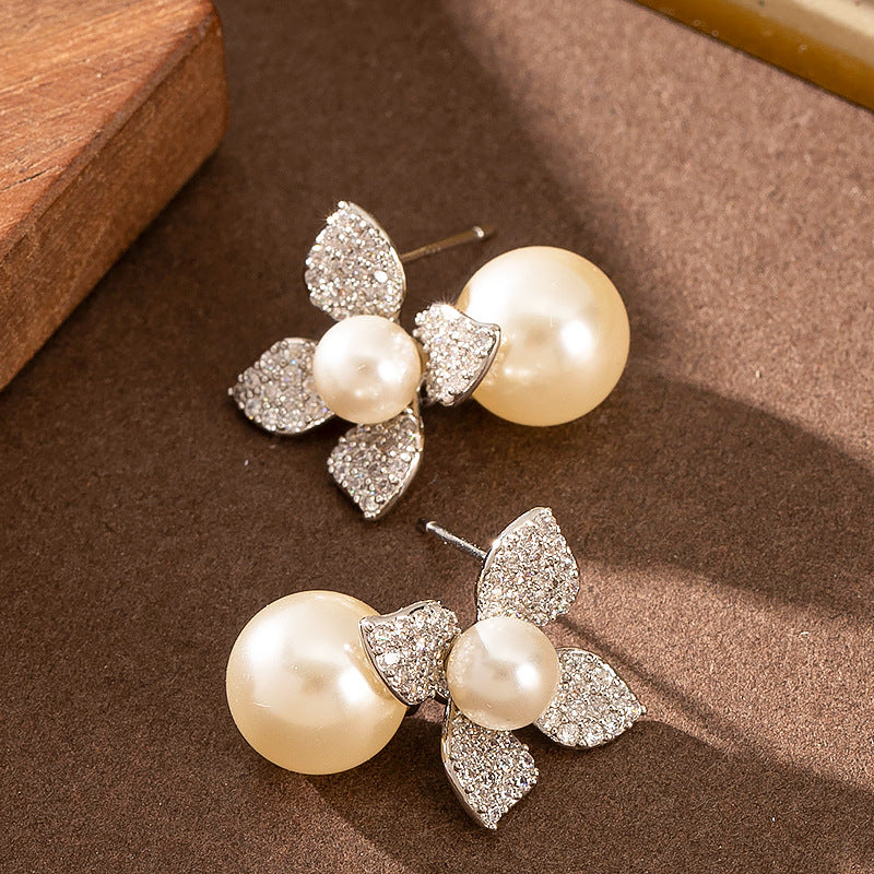 Elegant Pearl Floral Stud Earrings With Crystals
